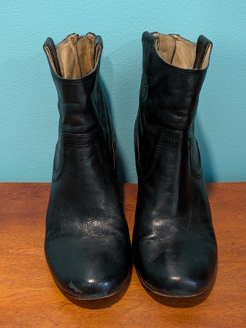 Frye Black Leather Ankle Booties with Tan Interior